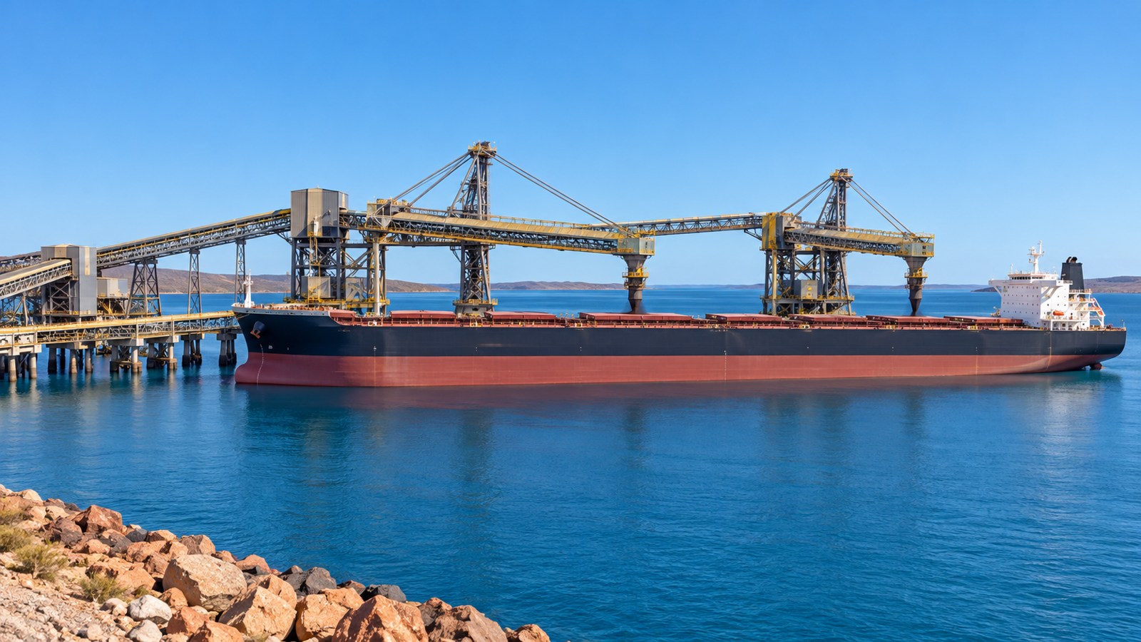 Illustrative iron ore export terminal and bulk carrier ship