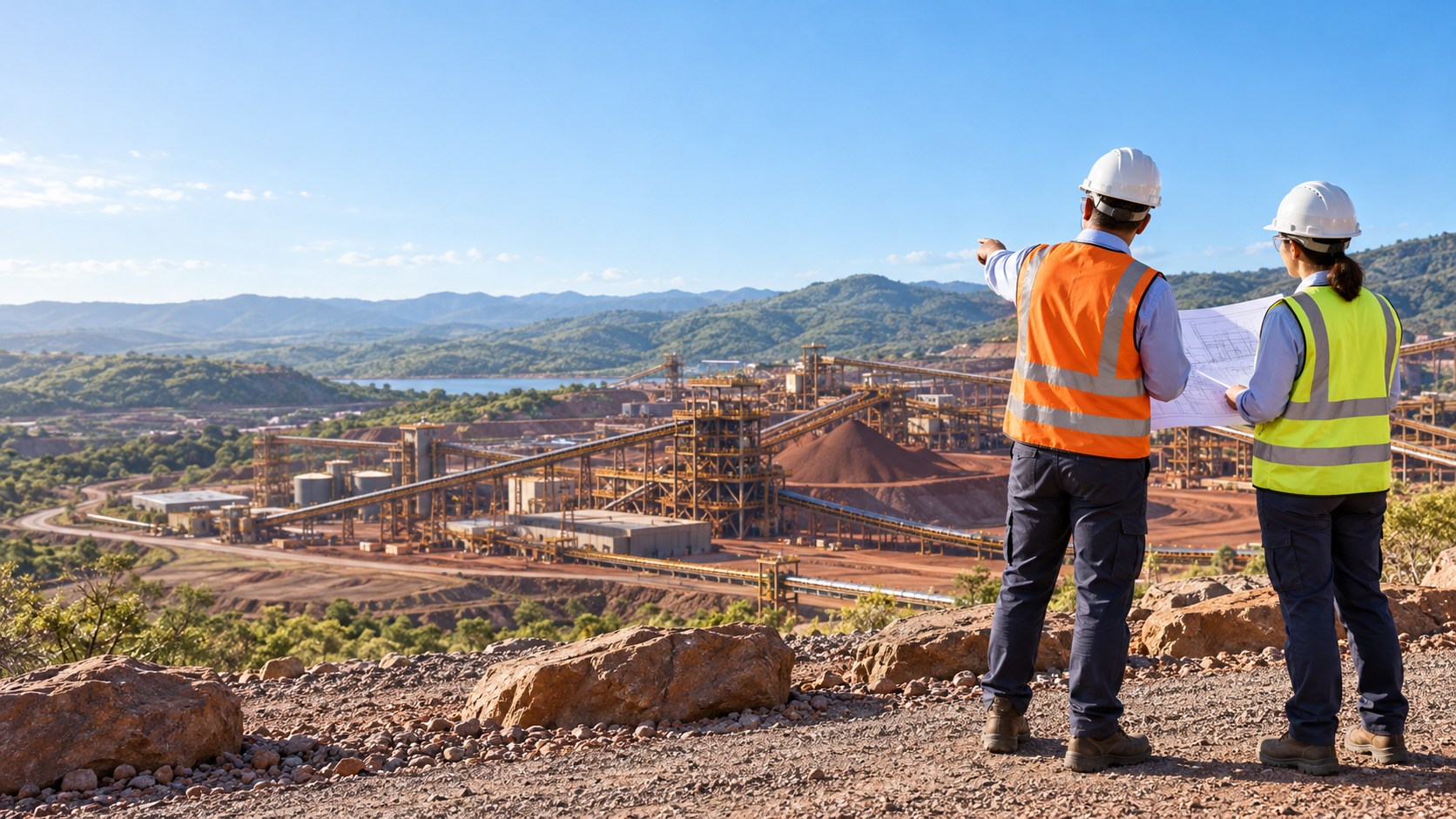 Illustrative senior professionals reviewing plans at a mining site