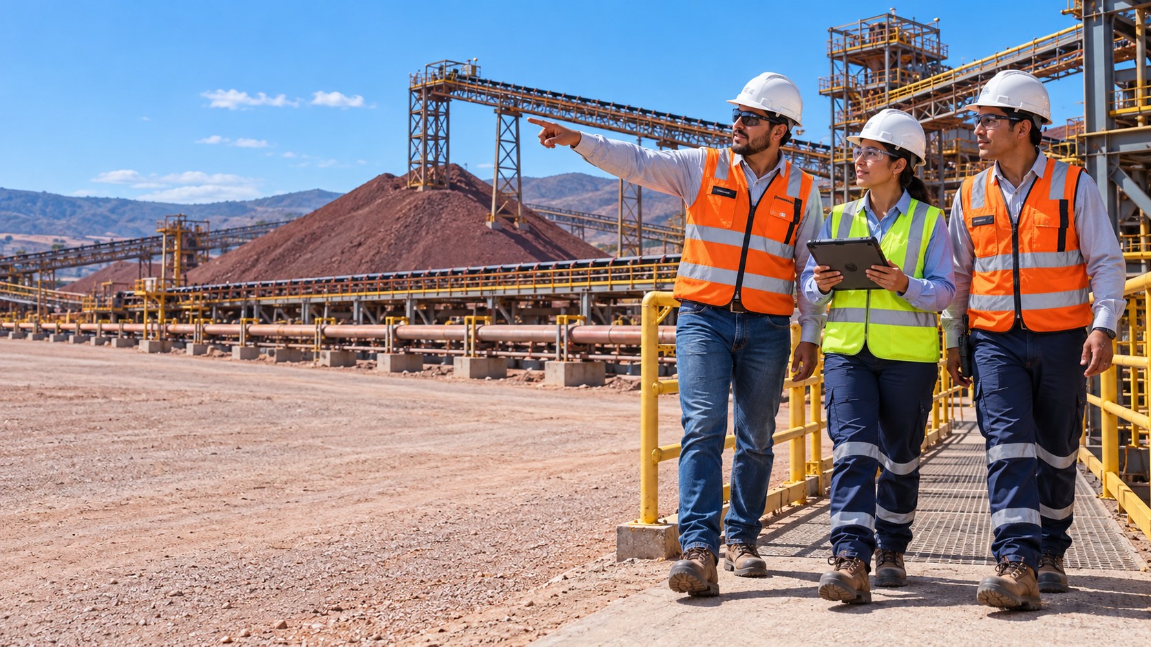 Illustrative miners working safely in an ore processing yard